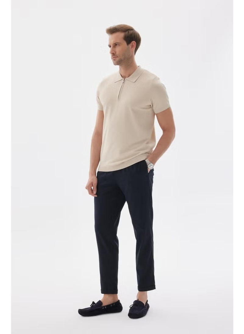 Odelon Limited Men's Plain Zipper Polo Collar Rayon Knitwear T-Shirt Beige - Image 3